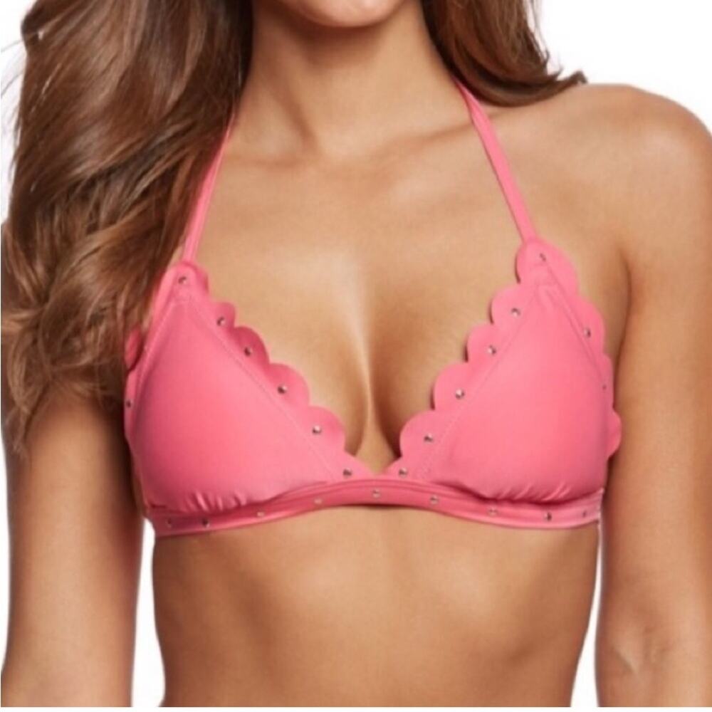 Kate Spade Coral Pink gold Stud Scalloped cruise Bikini top Swim sz S triangle